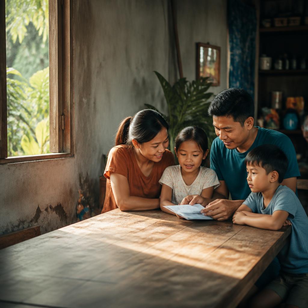 A Filipino family talking together over their savings plan